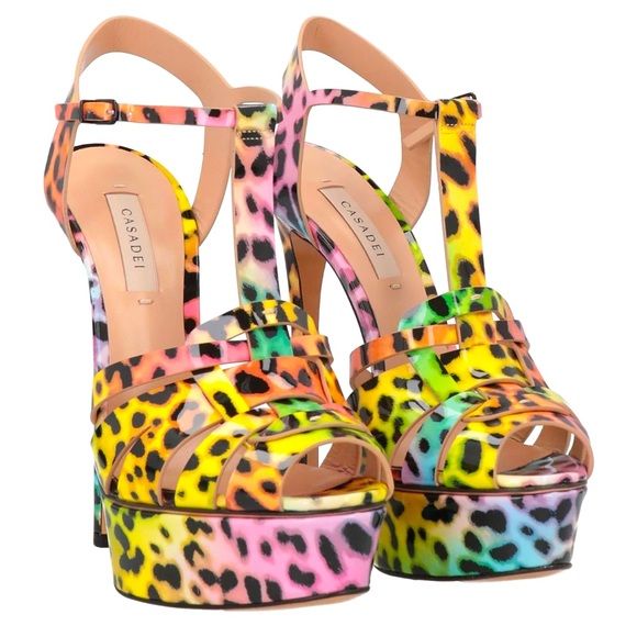 NEW CASADEI FLORA Leopard Colorful Patent Leather Platform Sandal Heels EU 38.5 - Picture 5 of 13